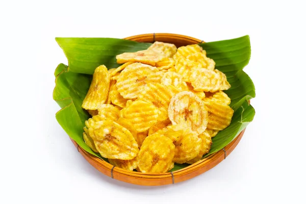 Banán Szelet Chips Fehér Alapon — Stock Fotó
