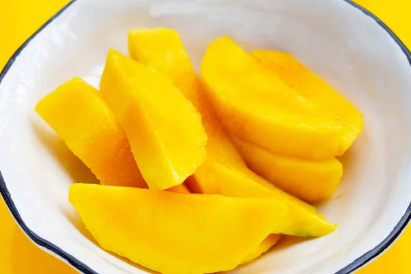 Yellow mango slices in bowl on yellow background.