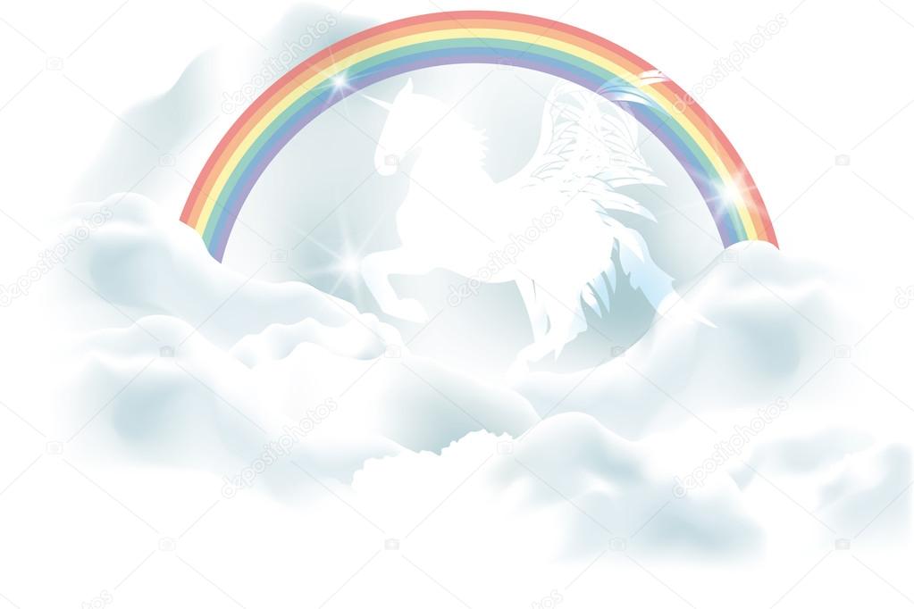 White unicorn in clouds under the rainbow