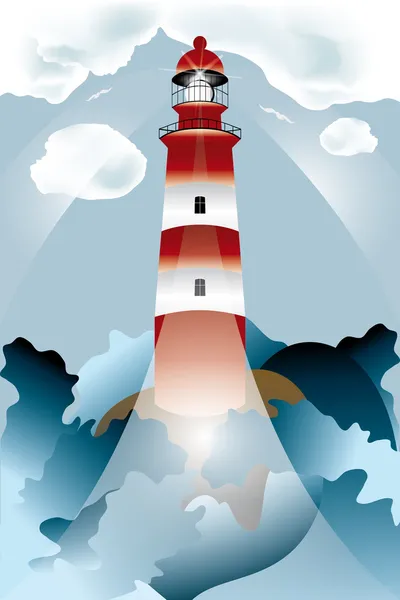 Lighthouse lights on over the unsteady sea — Stock Vector