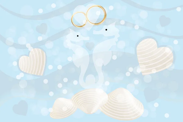 Carte de mariage avec hippocampes et anneaux — Image vectorielle