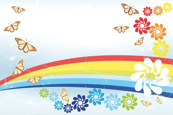 Abstract spring Background with rainbow, butterflies and fantasy — Stock Vector