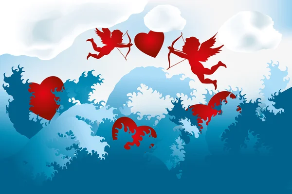 Mar de amor - cupidos en la caza del corazón — Vector de stock