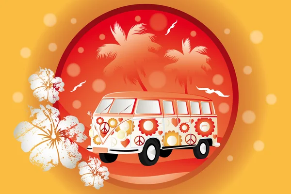 Autobús retro con motivos florales — Vector de stock