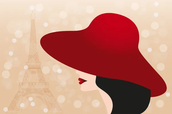 Cappello rosso e capelli neri ragazza e Torre Eiffel — Vettoriale Stock