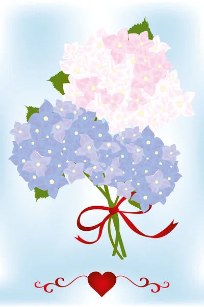 Bouquet of hydrangea flowers and green leaves with red heart — Stock Vector