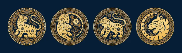 CNY muestra tigres dorados con patrones florales establecidos — Archivo Imágenes Vectoriales