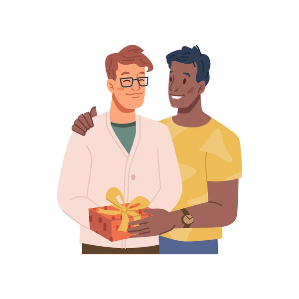 Cartoon LGBT couple giving present box to partner — Stock Vector