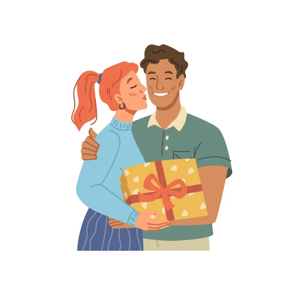 Dibujos animados pareja esposa dando regalo caja a marido — Vector de stock