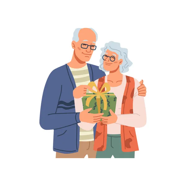 Elderly couple husband giving present box to wife — Stock Vector