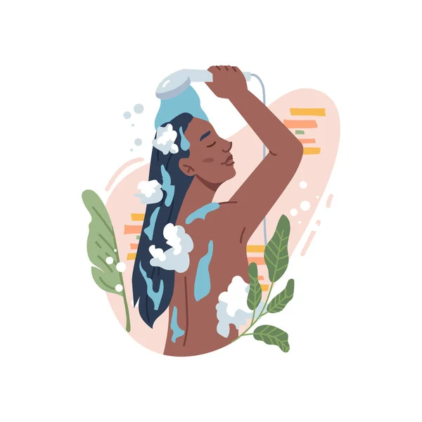 Afroamerikanerin wäscht Haare in der Dusche, Pflanzen — Stockvektor