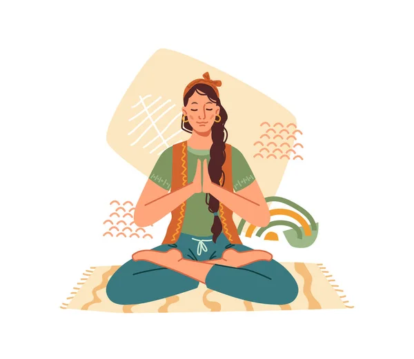 Yoga, meditación, mujer meditando en pose de loto — Vector de stock