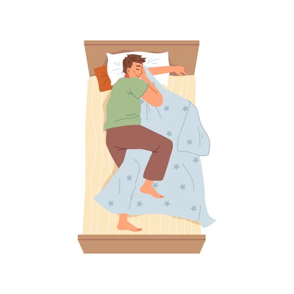 Hombre durmiendo en la cama en casa, almohada y manta — Vector de stock