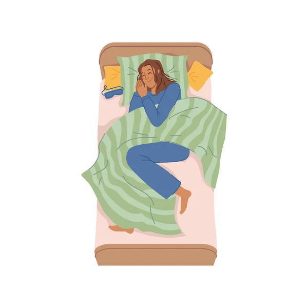 Mujer de dibujos animados duerme en la cama en casa descanso nocturno — Vector de stock