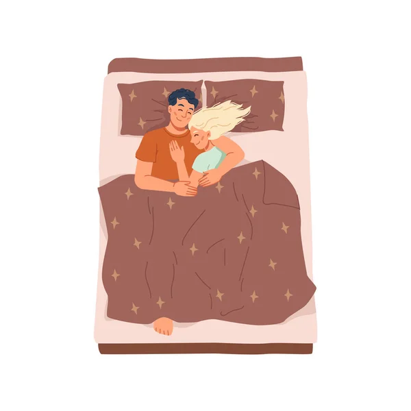 Coppia dormire a letto su cuscino sotto coperta — Vettoriale Stock