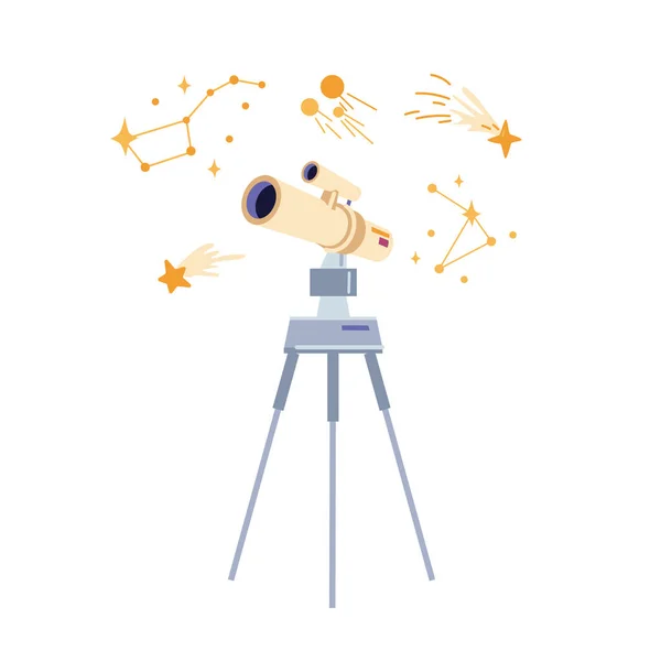 Cartoon telescope space tube, stars and comets sky — Stock Vector