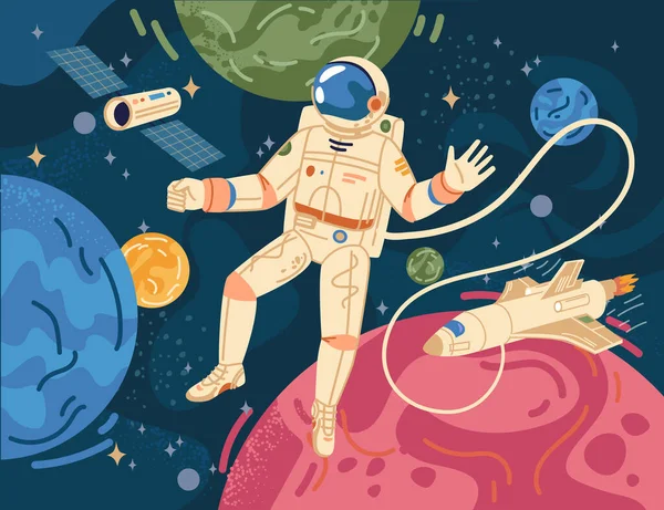 Astronauta en el espacio exterior, planetas de color de fondo — Vector de stock