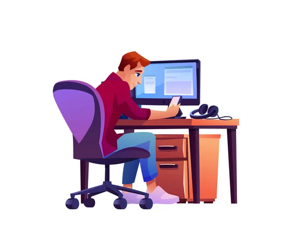 Man på arbetsplatsen med dator på bord och telefon — Stock vektor