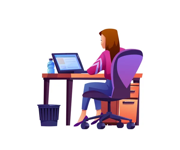 Υπάλληλος γραφείου στον υπολογιστή, γυναίκα στον χώρο εργασίας — Διανυσματικό Αρχείο