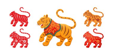 Tiger with floral pattern isolated CNY animals set clipart