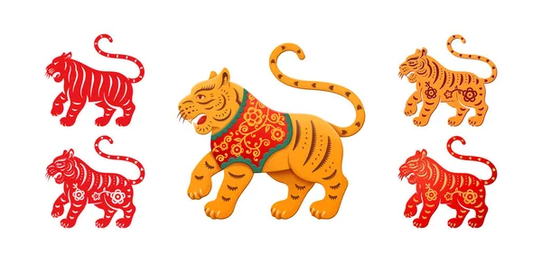 Tigre avec motif floral isolé animaux CNY ensemble — Image vectorielle