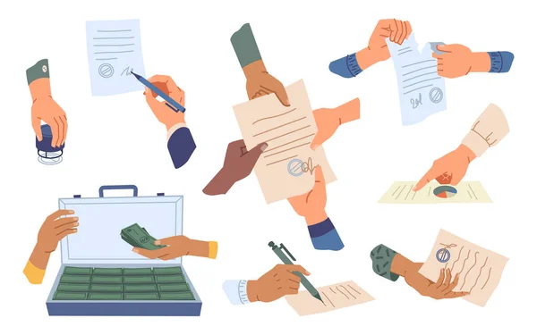 Βάλε τα χέρια σου να υπογράψουν το συμβόλαιο, βάλε σφραγίδα στο έγγραφο — Διανυσματικό Αρχείο