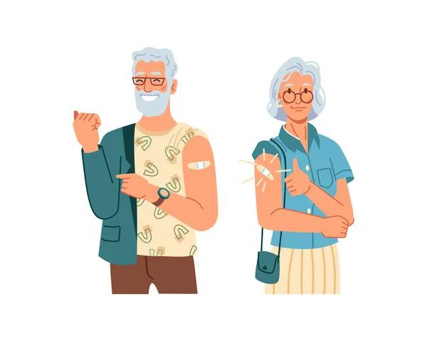 Anziani dopo la vaccinazione mostrando gesto ok — Vettoriale Stock