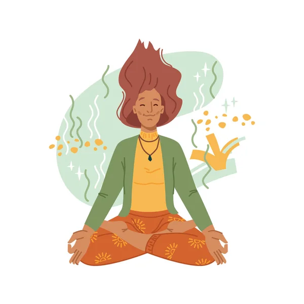 Kadın yoga nilüferinde meditasyon yapıyor, aura rahatlaması. — Stok Vektör