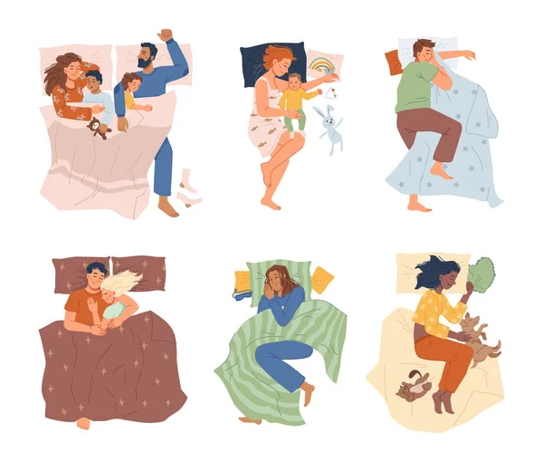 Les gens dorment au lit. Couple, enfants, homme, femme — Image vectorielle