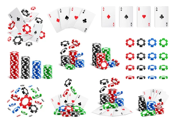 Casino grand ensemble, réalistes piles 3d de jetons, cartes — Image vectorielle