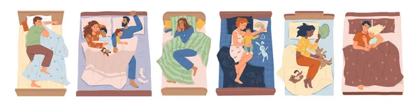 Muži a ženy spí doma na polštářích v posteli. — Stockový vektor