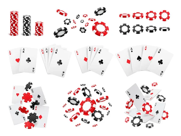 Jeu de cartes et jetons, ensemble vectoriel 3D aces réaliste — Image vectorielle