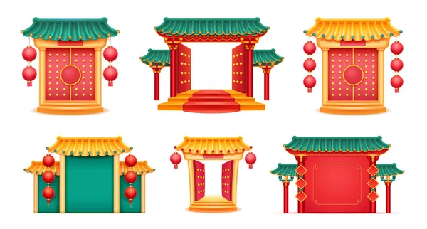 Čínské chrámy a japonské hrady s otevřenou branou — Stockový vektor