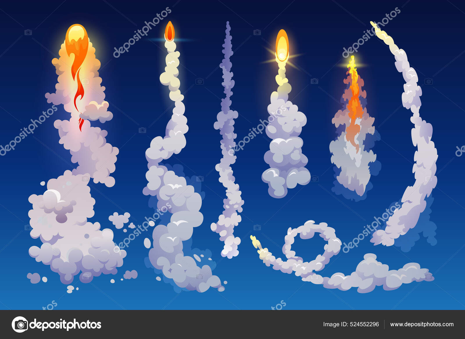 Trilha de fumaça de lançamento de foguete espacial com vetor de fogo plano  isolado ou explosão de decolagem de nave espacial a jato 3d spray de ar com  chama trilha realista de