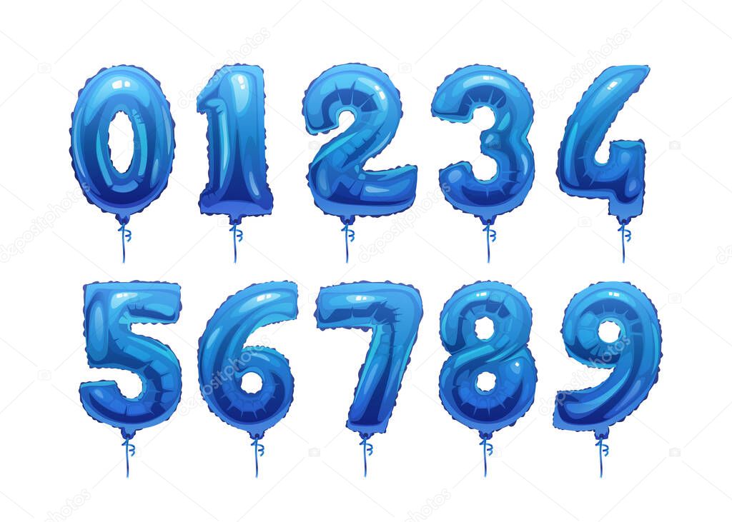 Blue helium balloons colorful numbers isolate icons set. Vector foil and latex balloon from 0 to 9. Vector glossy decorative digits, party, birthday, celebrate anniversary and wedding decoration