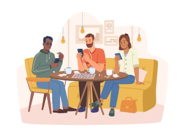 Akıllı telefon bağımlılığı, arkadaşlar kafede toplandı.