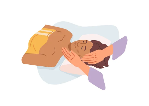Γυναίκα ξαπλωμένη στην πλάτη μασάζ θεραπευτής μασάζ πρόσωπο — Διανυσματικό Αρχείο
