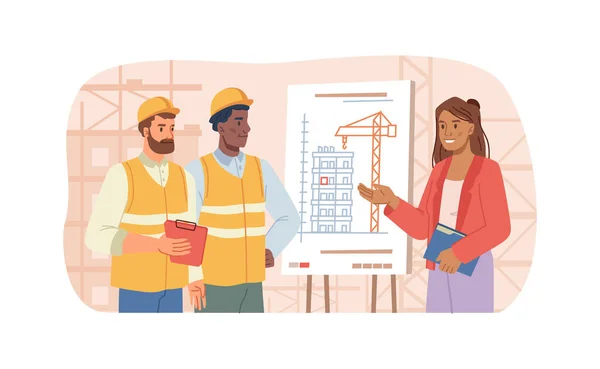 Architect showing construction project to builders — Stock Vector