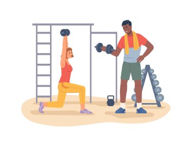 Spor salonunda dambılı olan insanlar egzersiz yapıyor.