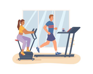 Spor salonundaki insanlar koşu bandında ve bisiklette çalışıyor.