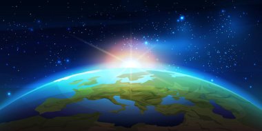 Gündoğumu veya günbatımı uzayda, dünyada ve yükselen güneşte