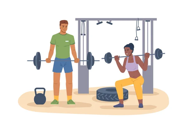 Homme et femme travaillant dans la salle de gym avec des cloches — Image vectorielle