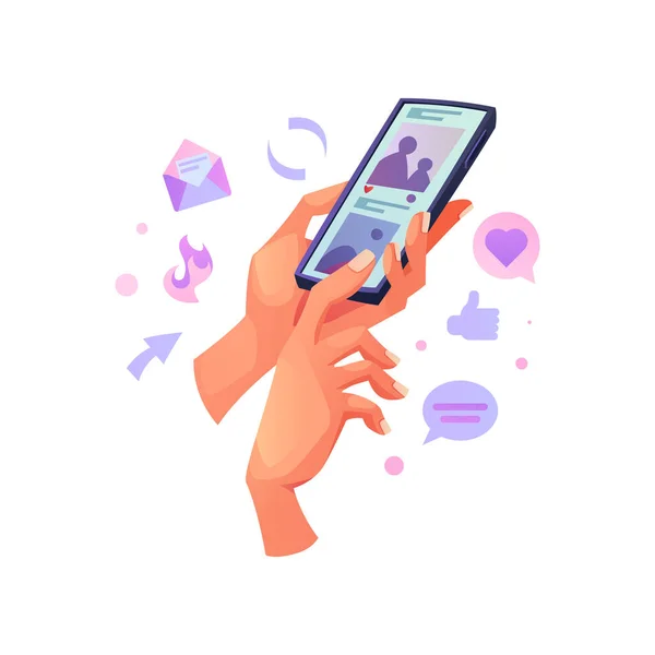 Smartphone em mãos humanas aplicativo de mídia social —  Vetores de Stock