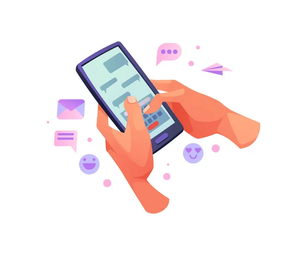 Uso de la mano teléfono inteligente aplicación chat, messanger — Vector de stock