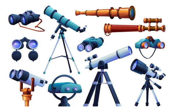 Binoculars and telescopes set cartoon spy glasses — Stock Vector