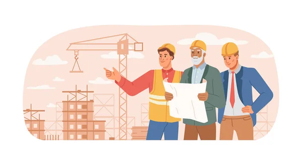 Contractor on construction site monitoring process — Stock Vector