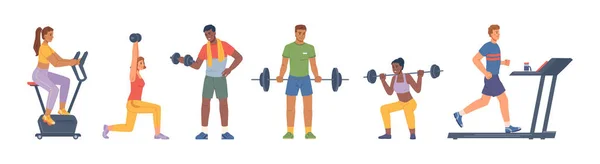 Entraînement dans la salle de gym, les personnes avec des équipements sportifs — Image vectorielle