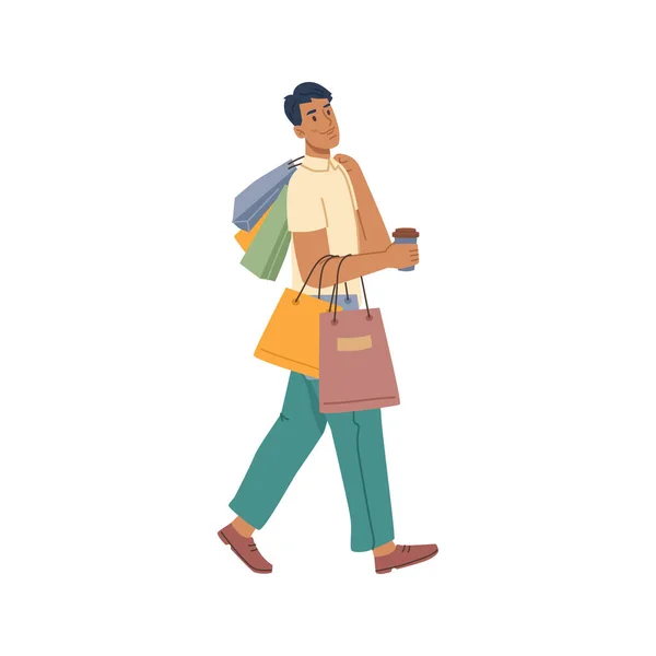 Homme avec des sacs, sacs à provisions, homme avec des achats — Image vectorielle