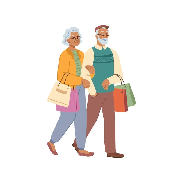 Mature people elder couple on shopping, bags packs — Stock Vector