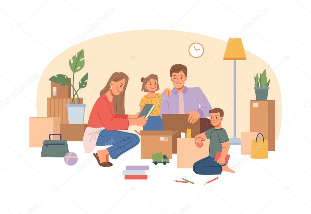 Family gather things in boxes, relocation moving